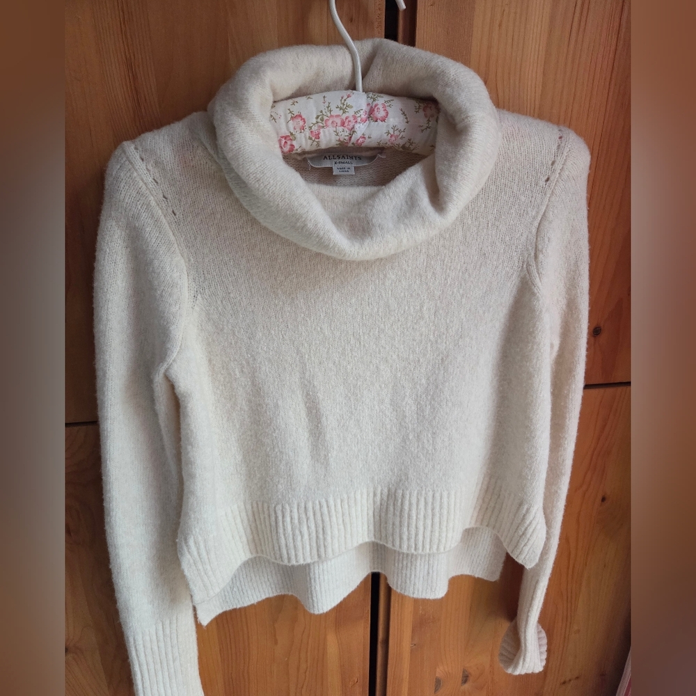 Allsaints Women's Cream Soft Wool & Yak Turtleneck Cropped Sweater Size XS